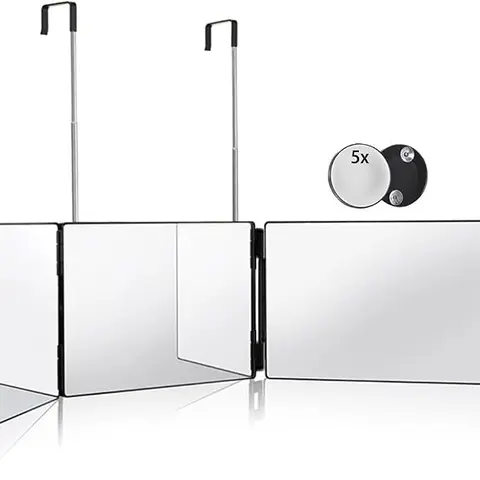 3-Way Trifold Makeup & Shave Mirror - 360° View, Height-Adjust Hook Mount, Wall/Door-Mountable Bathroom Accessory, Household Items for Home Bathroom Supplies, Christmas Gift