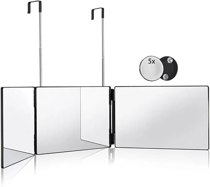 3 Way Makeup Mirror For Men & Women - Trifold Self Haircut Mirror, 360° View With Height Adjustable Hooks, Bathroom Mirrors For Shaving, Makeup, Braiding, Hair Dyeing, Bathroom Accessories
