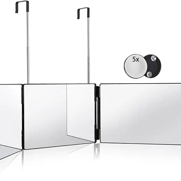 3-Way Trifold Makeup & Shave Mirror - 360° View, Height-Adjust Hook Mount, Wall/Door-Mountable Bathroom Accessory, Household Items for Home Bathroom Supplies, Christmas Gift