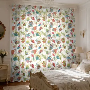 2-piece fresh ocean style shell curtains Conch starfish coral print filter translucent curtains, suitable for machine washable decorative curtains in living rooms, bedrooms, kitchens, etc.
