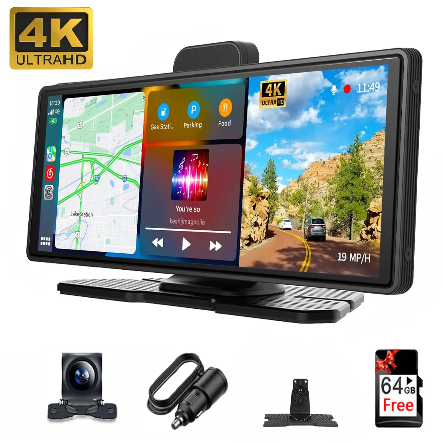 Wireless Apple Carplay & Android Auto, 10.26 Portable Car Stereo with 4K ADAS Dash Cam, Phone Mirroring, AUX/FM/Speaker/Bluetooth, 32.8ft Backup Camera,Voice Control Multicoloured Rear View Camera Input