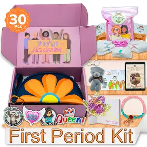 The Bloom First Period Kit for Girls 9-10-12-14 for School, Menstrual Starter Kit, Feminine Care Gifts for Teens Girls Includes Sanitary Napkin Storage Bag, Pads, Wipes, Ebook, Period Tracker, (30-PC)