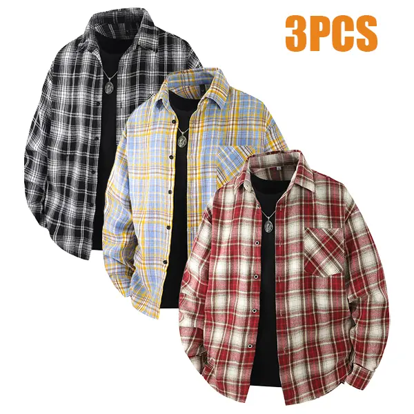 Men's Retro Checked Button-Down Shirts 3-Pack, Casual Long Sleeve Oxford Top with a Loose All-Season Fit, Preppy, No, Casual Fashion Wear, Polyester