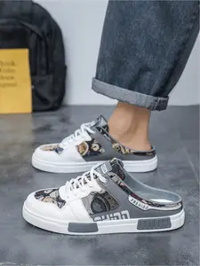 Plus Size Men's White-Gray Camo Mule Sneakers, Cool Stylish Style, Camo Paneling + Mule Slip-On Design + "FASHION" Logo, Unique Style, Plus Size Friendly , Ideal for Plus Size Men's Daily Leisure & Light Outings
