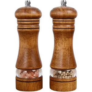 Haomacro Wood Salt and Pepper Grinder Set, Manual Mills with Acrylic Window, Adjustable Ceramic Grinding - 6.5inch, 2 Pack