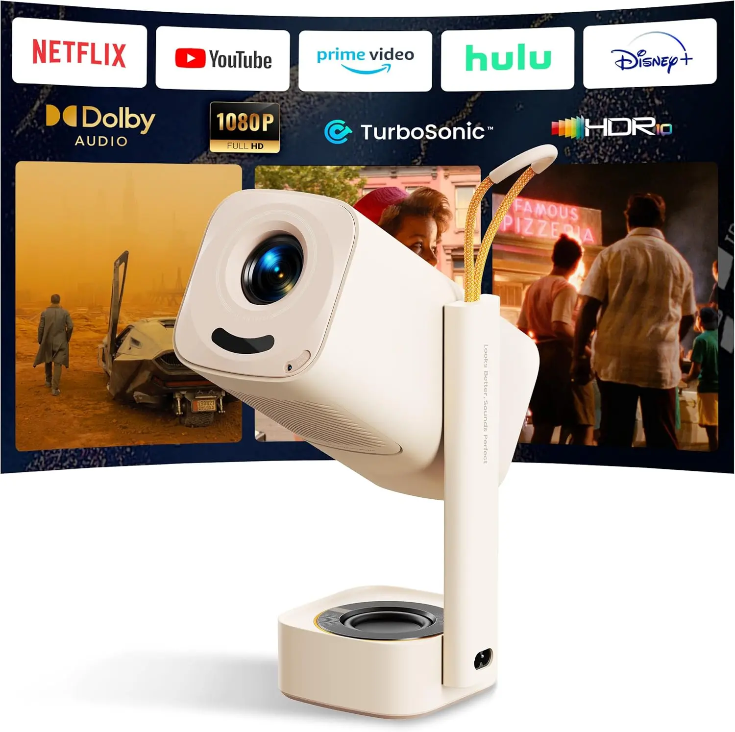 Yaber T1 Pro Dolby Audio Projector Native 1080 FHD, HDR10, WiFi6, BT5.4, Built-in Apps (Except apple TV& HBO Max), Auto Focus, 4D Keystone Correction, Home Theater Mini Portable Projector for Bedroom & Outdoor Movie Night