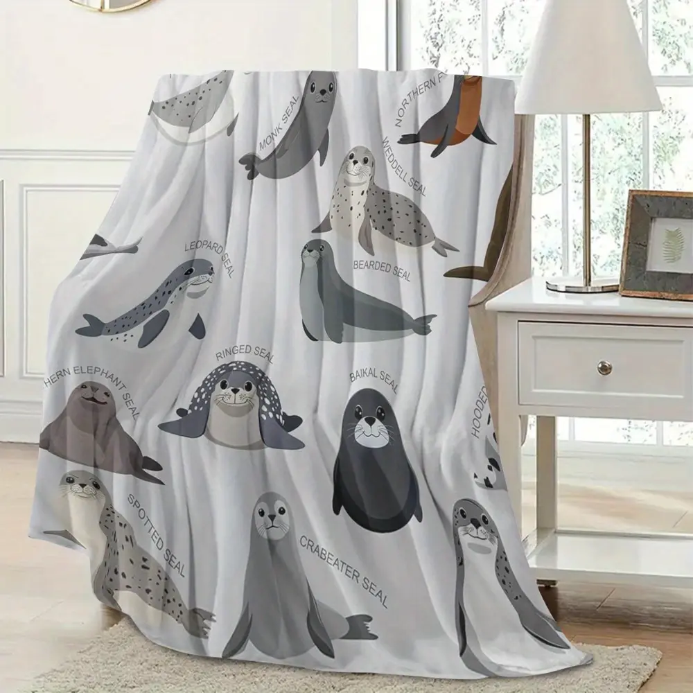 Ocean Animal Blanket, Cute Seal Throw Blanket for Kids, Soft Plush Fleece Blanket with Marine Life Animals, Cozy Blanket for Couch Sofa Bed, Educational Sea Creature Room Decor, Baby Toddler Bedroom Decoration, Fun Gift for Animal Lovers