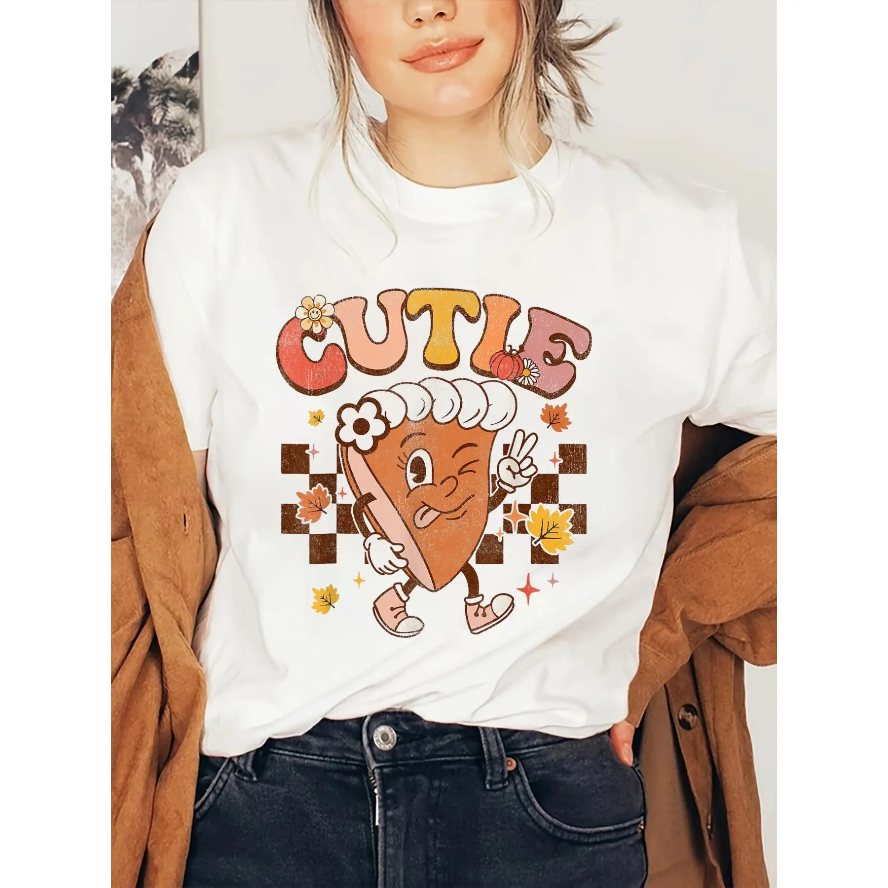 100% Cotton Halloween shirt Groovy Retro Pumpkin Pie Cutie Thanksgiving Pie Dinner T-Shirt fall women clothes