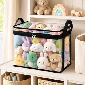SummerVibes Stuffed Animal Storage PVC Organizer Bag Doll Storage Container Dustproof Box with Carrying Handle for Playroom Living Room Children's Birth, Black