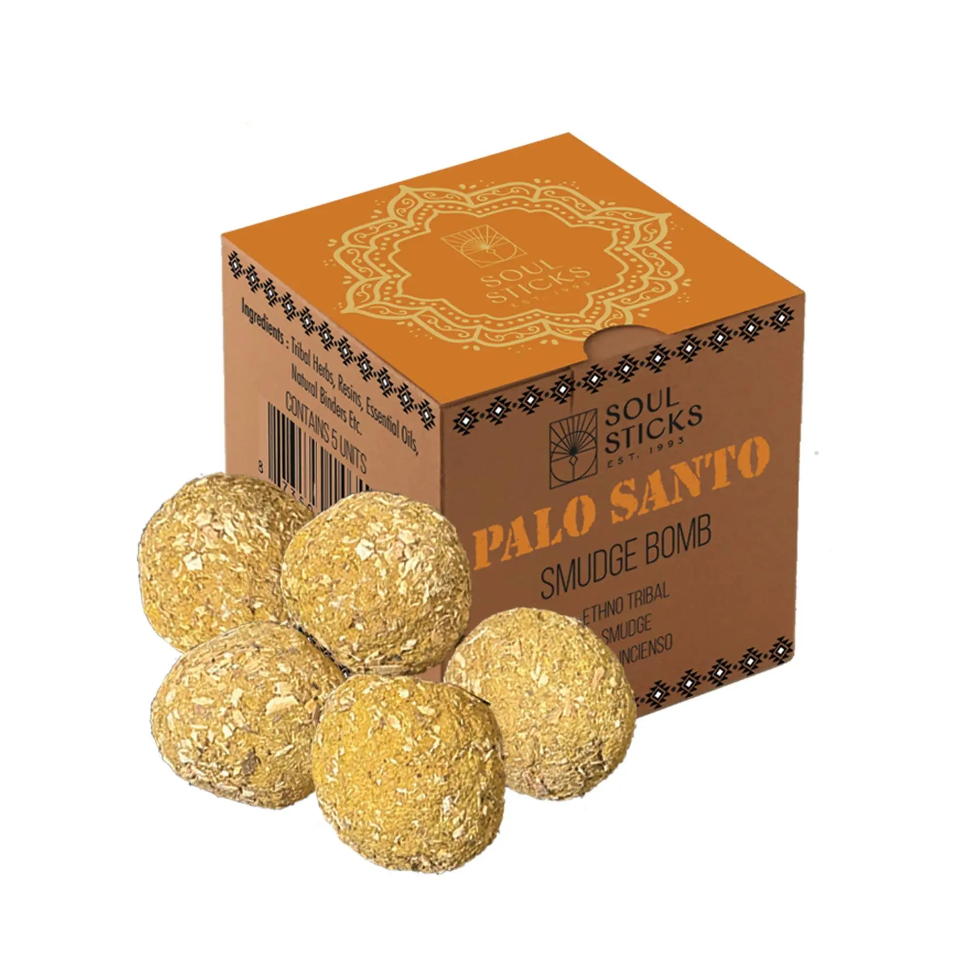 Palo Santo Smudge Bombs Set - 5 Units Incense with Herb Blend, Natural Ingredients, Earthy Woody Scent, Home Supplies for Aromatherapy, Meditation, Energy Clearing w/ Burner