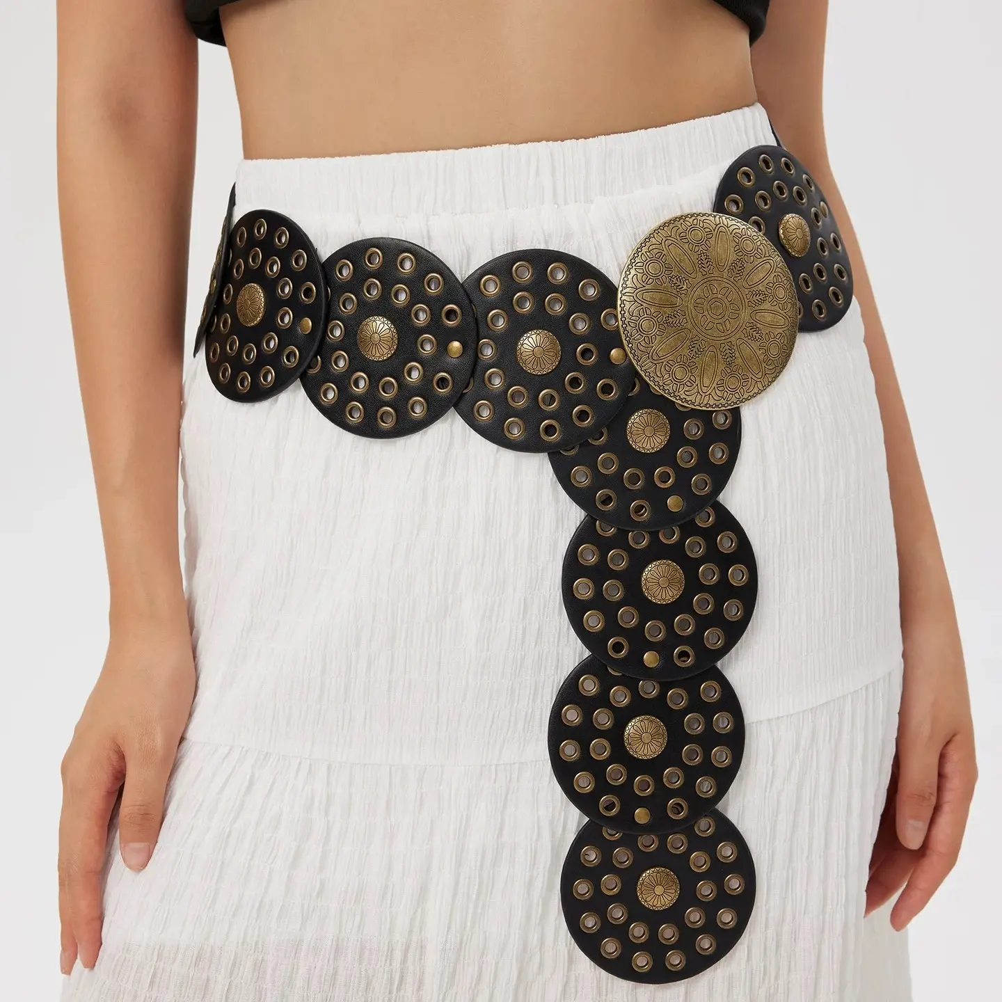 VirtusNoir Boho Big Belts PU Leather Oval Studded Concho 