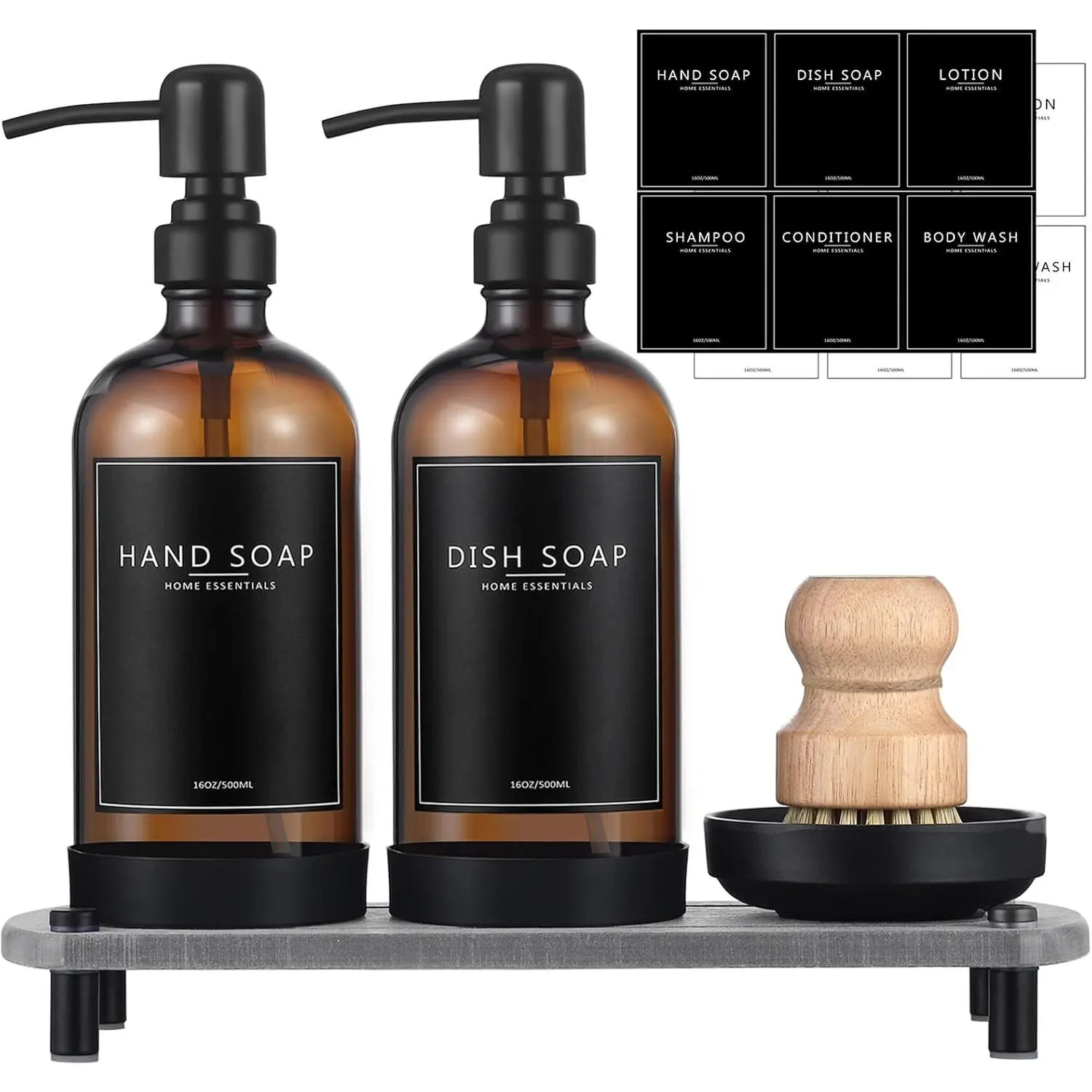 Kitchen Soap Dispenser Set with  Dry Tray, Stainless Steel Pump, 16 Oz Hand and Dish Soap, Includes Labels & Dish Brush, Luxury Soap Bottle