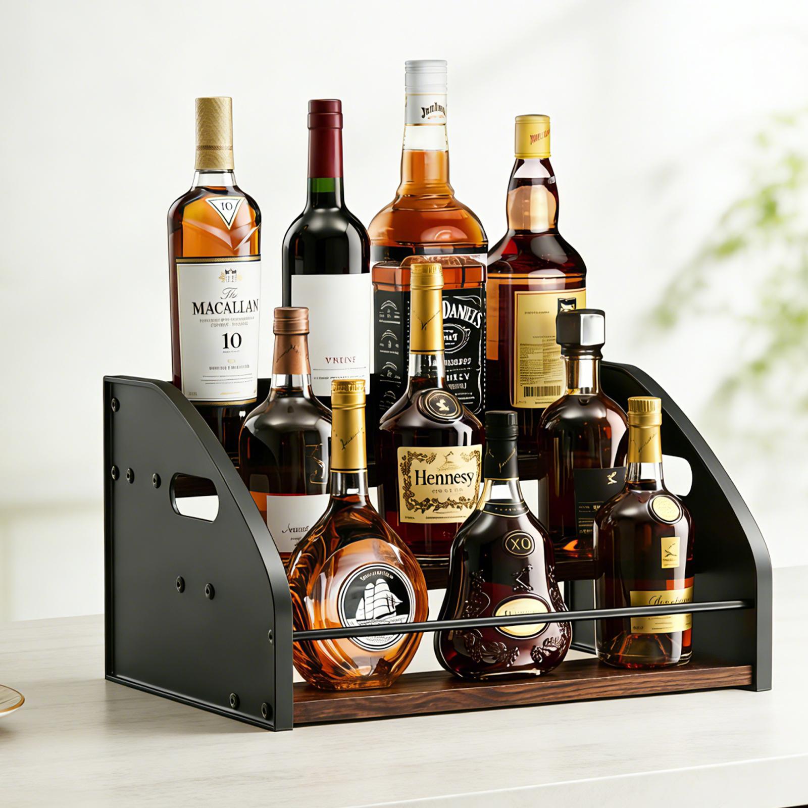 Black Metal 3-Tier Freestanding Wine Rack - Home Organizer, Liquor Bottle Storage Holder for Bar, Kitchen Glass Brewing & Juicing