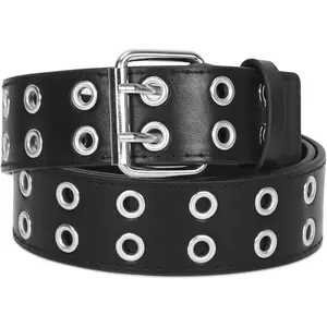 Double Grommet PU Leather Belt for Women Men Punk Rock Metal Jeans Belts 1 1/2 inch