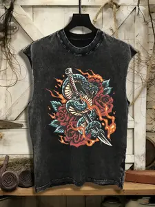 Fathersdaygift,Men'S 100% Washed Vintage Vest | Snake + Sword + Rose Print Distressed Style, Ideal For Outdoor Activities, Perfect Gift For Christmas, New Year's, Valentine'S Day, Soft And Comfortable Fabric
