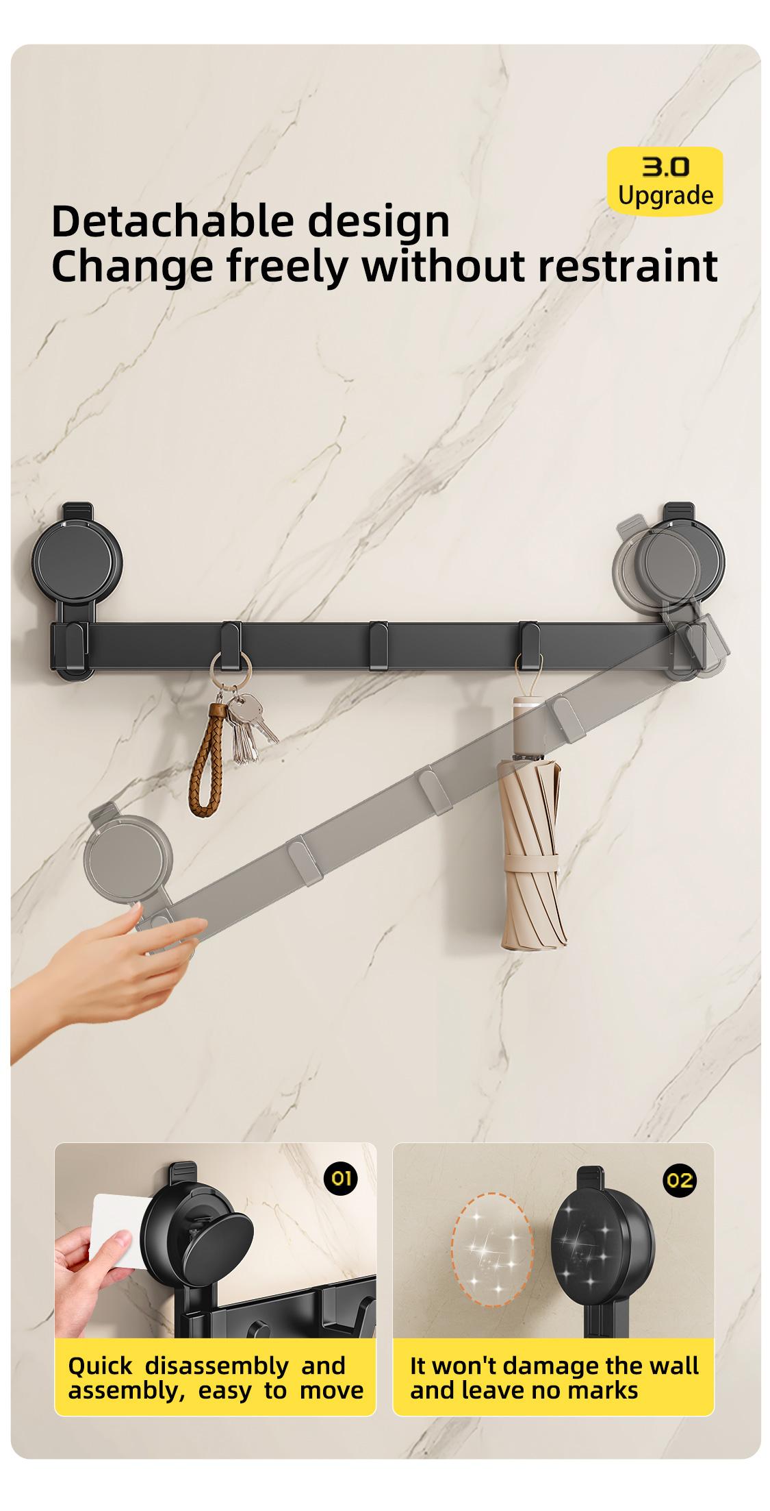 5 Hooks Suction Cup Hook Rack Heavy Duty No Drilling Bathroom Shower Door Black Rustproof Aluminum