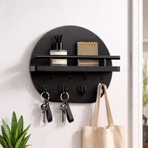 Key Holder for Wall - 11.8 Inch Apartment Wall Decor with Shelf and 8 Key Hooks, Circular Wood Key Hanger for Home Decor