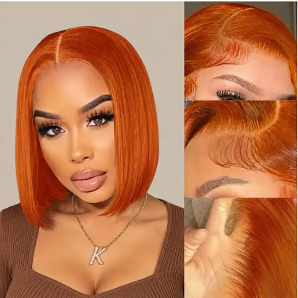 Bob Wig Human Hair Short Straight Bob Wig curly 13×4pixie cut wig 13x4 Lace Frontal Short Straight Lace Front Bob Wigs for Black Women Human Hair 180% Density Pre Plucked Glueless Side Part 180% Density Orange Ginger Color #350 10-16 Inch