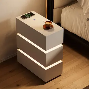 Homary Lumio White 3-Drawer Narrow LED Nightstand with Charging Station