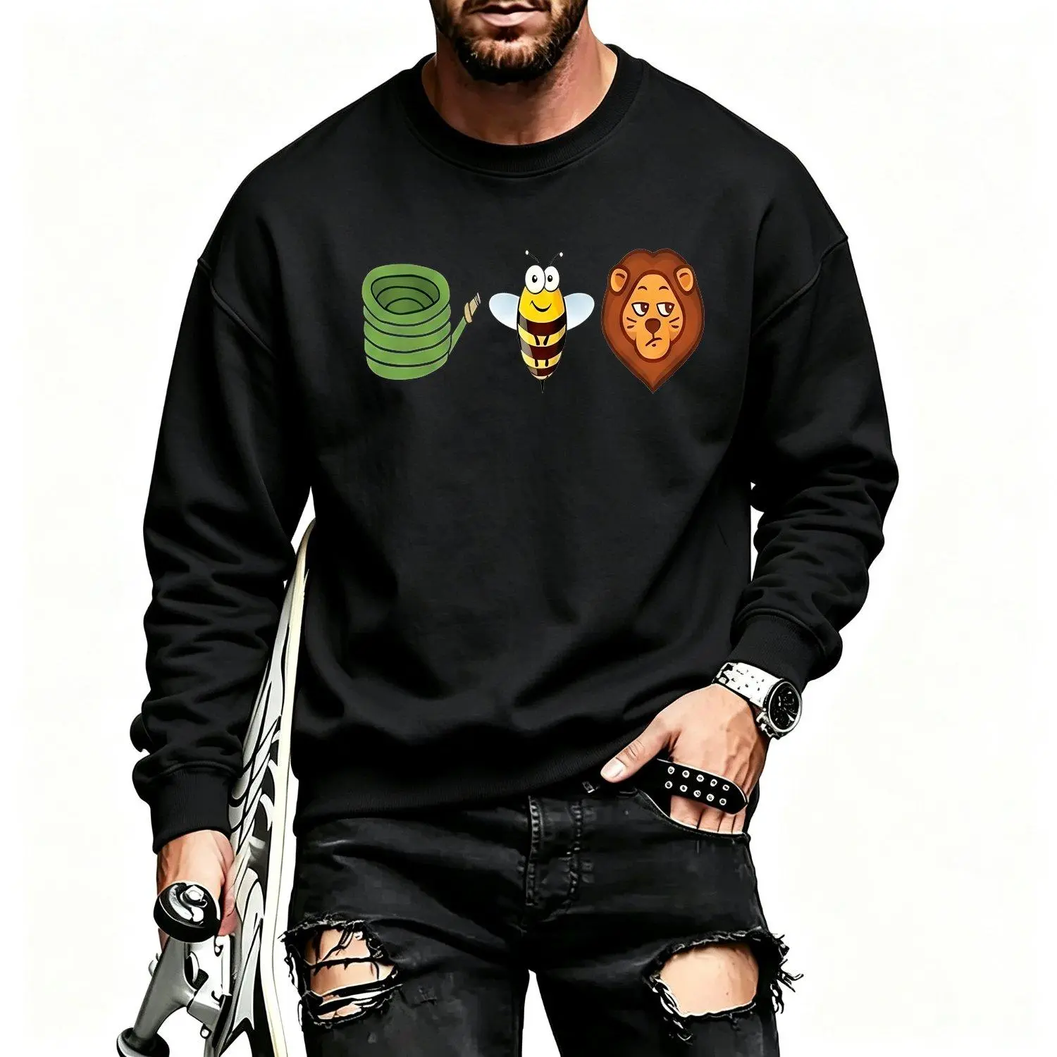 Men's Sports Sweatshirt Hose Bee Lion Design Short Sleeve Crew Neck Casual Athletic Pullover Top with Lion Graphic Pattern