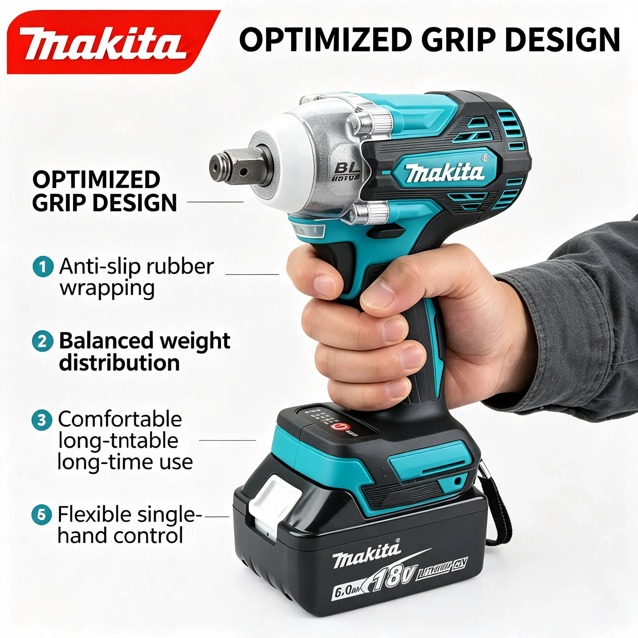 Makita DTW300 Brushless High Torque Impact Wrench - Bare Tool or Full Kit with Charger, Anti-Slip Grip Heavy-Duty Hand Tool for Vehicle Work, Auto Repair, Rear Clip & Durable Knife Included