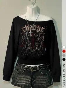 Women's Gothic Letter Print Regular Fit off the Shoulder Sweatshirt, Gothic Top for Fall & Winter, Women's Gift for Daily Wear, Womenswear
