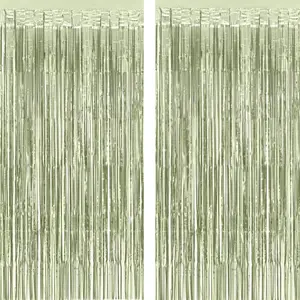 Sage Streamers Backdrop, Pack of 2, Large 6.6x3.3 Feet, Tinsel Fringe Curtain, Photo Booth for Parties, Birthdays, Weddings, Shimmer Wall Backdrop