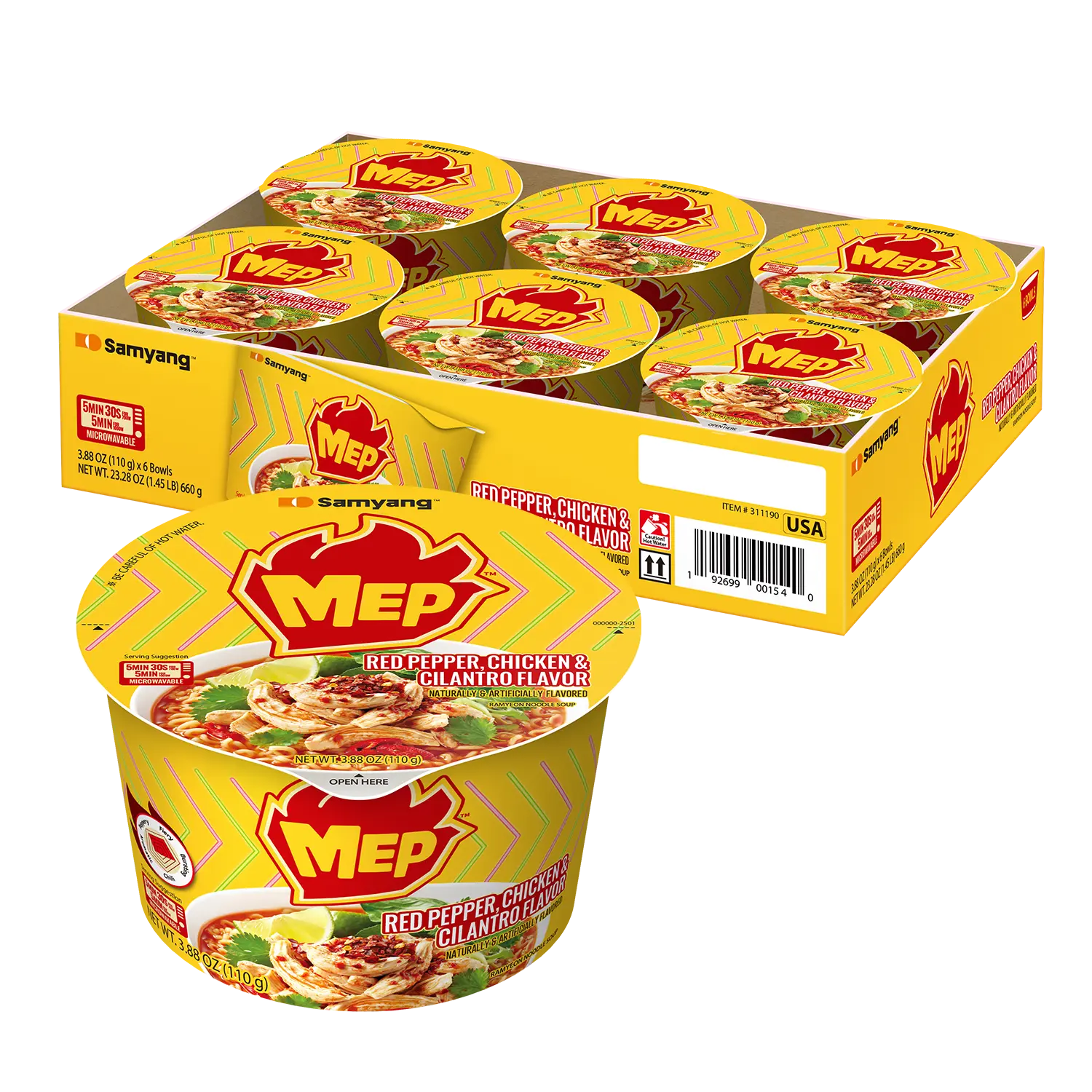 MEP Pack of 6 Chicken Cilantro Ramen, Spicy Korean Instant Bowl Noodle Soup, Savory Bone Broth Ramyeon, Lime Freshness