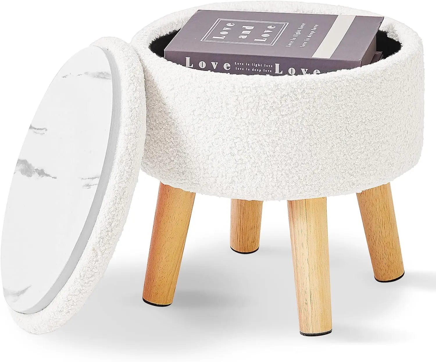 13 Inch Foot Stool Ottoman with Storage, Round Small Foot Rest with Padded Seat and  , Teddy  Mini Footstool for Living Room Couch Bedroom Entryway, Cream WBD006W