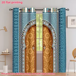 2D Flat 2Pcs Moroccan Arch Print Curtain Panels, Intricate Teal and Gold Patterns, Semi-Sunshade Privacy Curtains for Living Room, Bedroom, Dining, Home Decor Window Treatment Accessories.