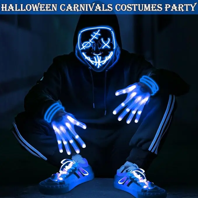4 Set Halloween LED Mask Light Up Gloves Glow Shoelaces 20 Glow Sticks 20 Connector Scary Halloween Costume Party Adult