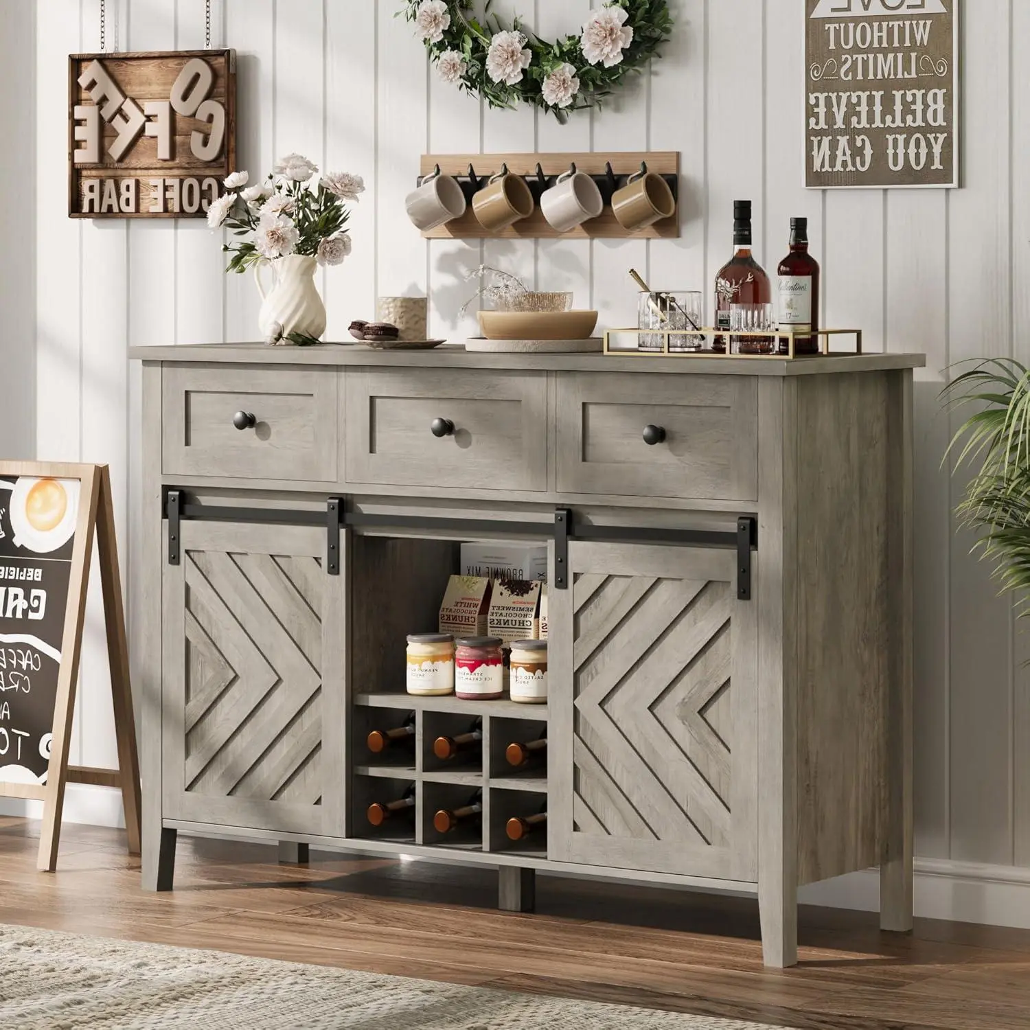 Gaomon 47-Inch Gray Farmhouse Buffet Cabinet with Sliding Barn Doors (Sliding Doors), Removable Wine Rack, Adjustable Shelves, Linear Lines for Kitchen, Dining Room