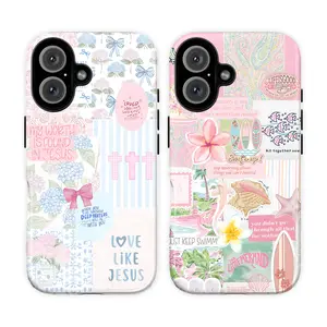 Faith Bloom Phone Case, Pastel Collage Design with Hydrangeas Crosses and Beach Motifs in Pink Blue and Green Tones, Baddie Aesthetic Gift Fashion Vibes Trending Now For iPhone 17 16 15 14 13 12 Pro Max Plus X, Samsung Galaxy S25 S24 S23 S22 S21 Ultra