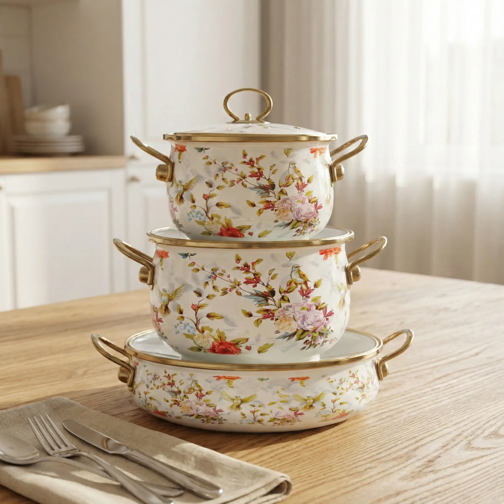Vintage Floral Bird Design Enamel Soup Pot Set (20/24/30 cm) - Large Capacity Stackable Cookware with Lids, High-Quality Home Kitchen Utensils, Compatible with Gas Stoves & Induction Cooktops