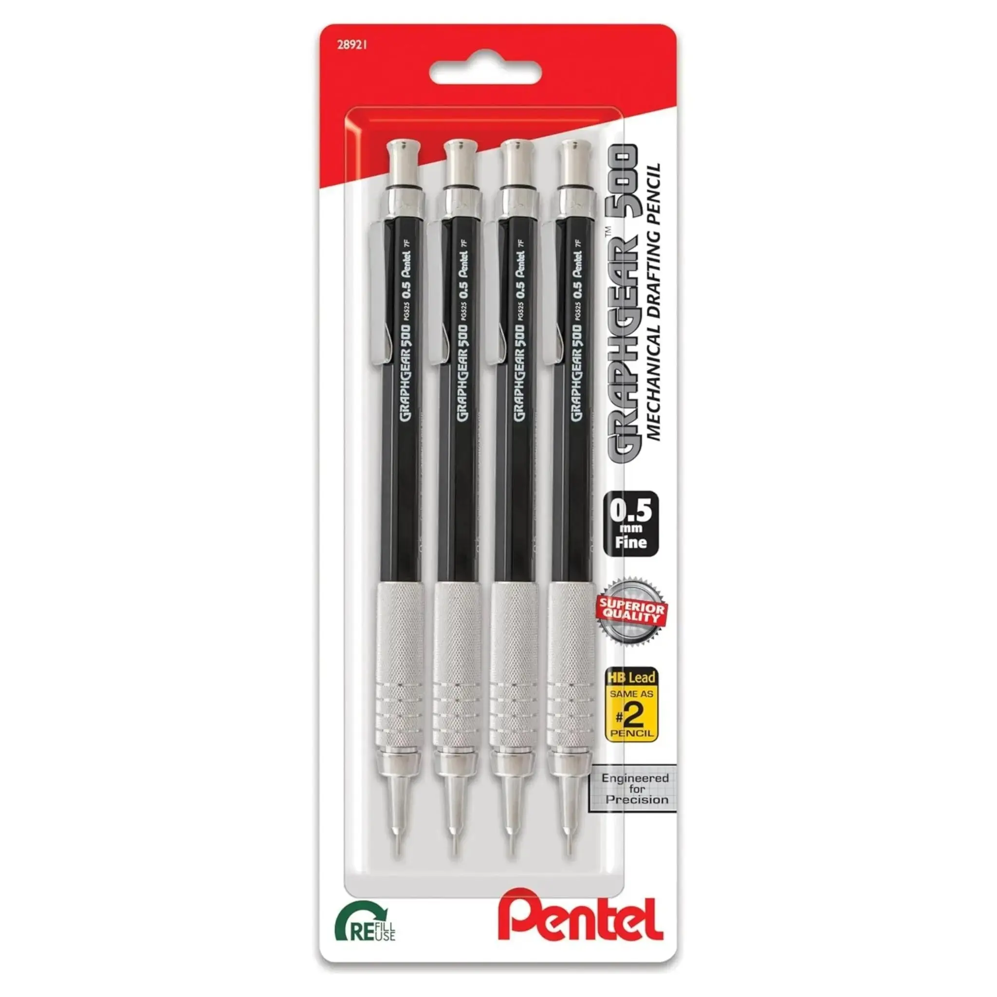Pentel GraphGear 500 Mechanical Pencil 4-Pk - 0.7mm Pens, Assorted Sizes, 4mm Tip Design, Dual-Retract Action Retractor, Metal Grip, Advanced Drafting Tech, Reliable and Comfortable for Technical Drawings