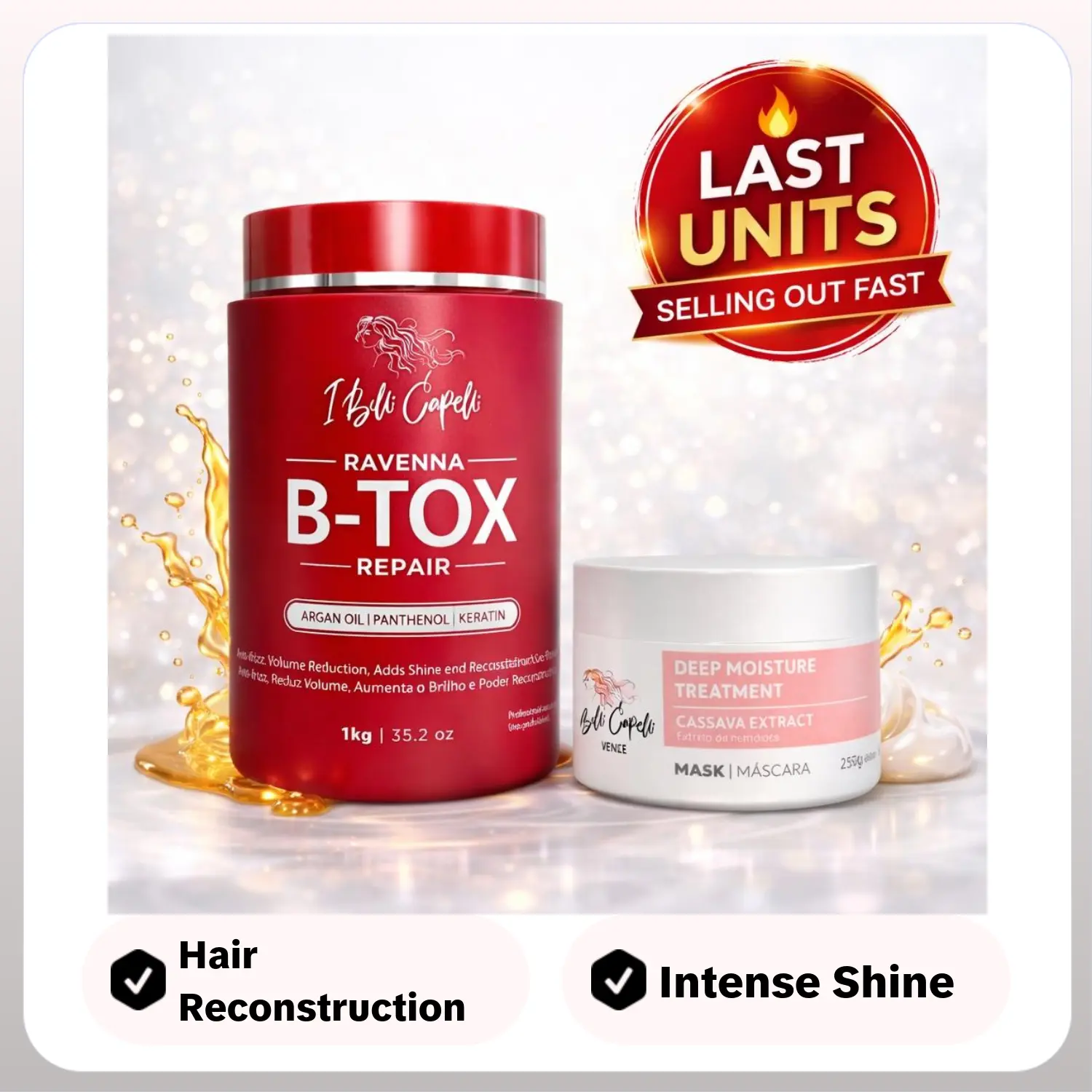 Kit I Belli Capelli Hair Ravenna B-tox Repair 1Kg/35.2 oz and Venice Máscara Extrato Mandioca 250g/8.8 oz Complete Treatment Hair Care Mask Keratin Nourishing Argan Oil