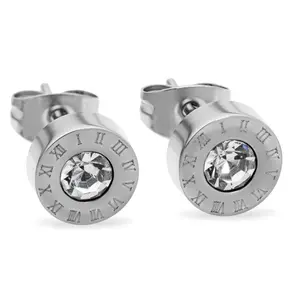 White Gold Stainless Steel Roman Numeral Zircon Stud Earrings 8mm Round Sparkle Hypoallergenic Tarnish Resistant Unisex Accessories for Graduation