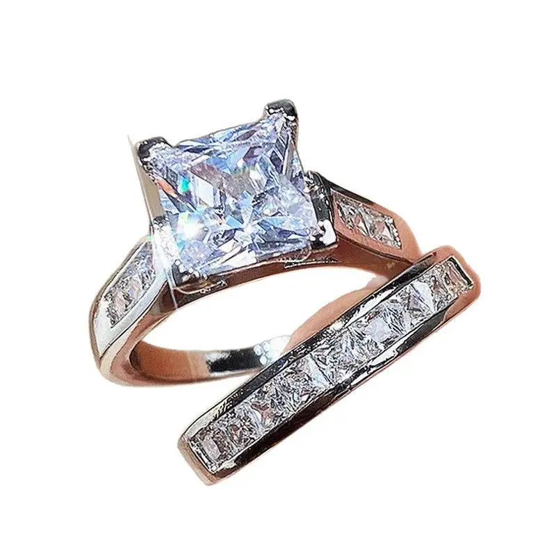 Square Zircon Couple Rings 925 Sterling Set Engagement Promise Aesthetic Jewelry for Him & Her