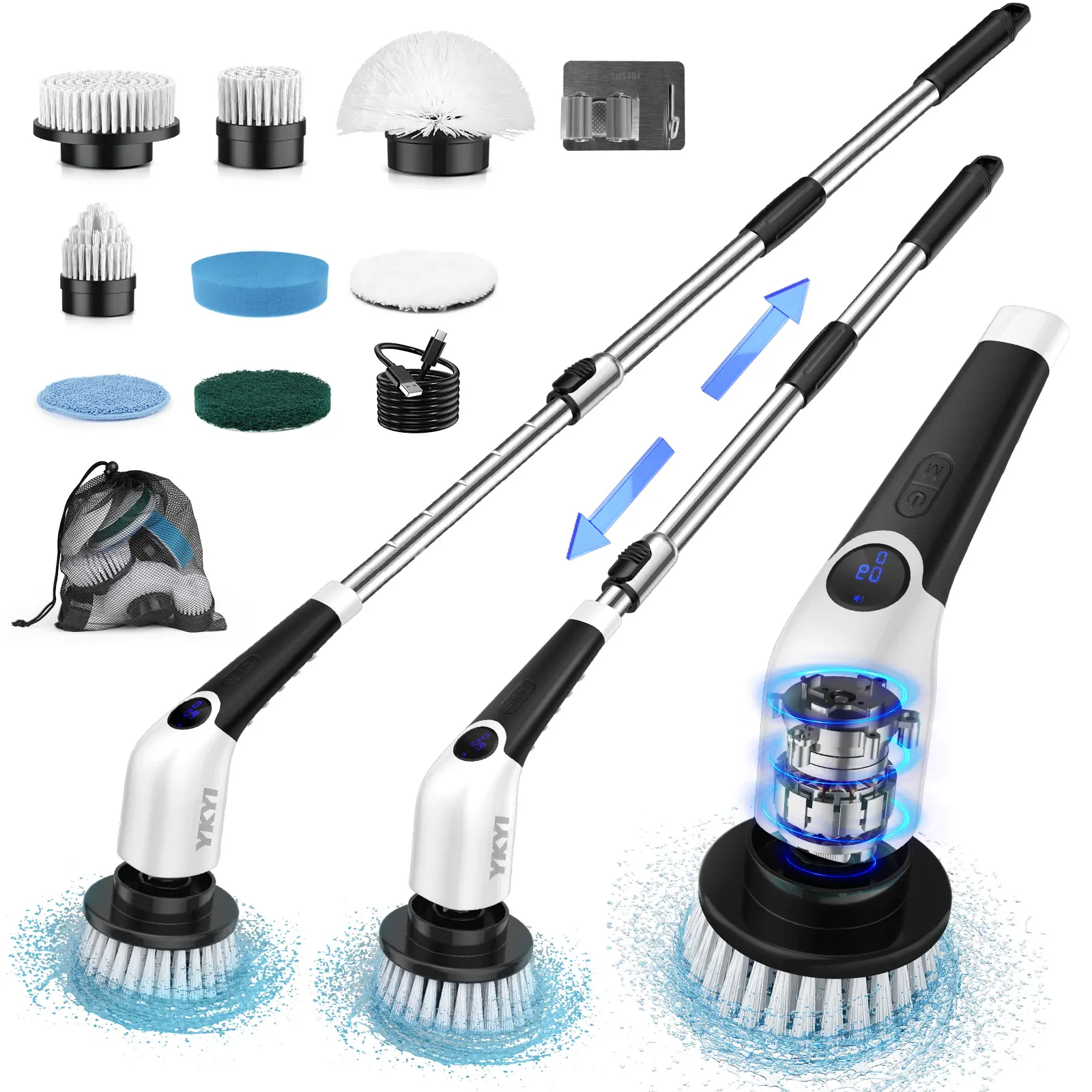 【Father's Day Gift】YKYI Electric Spin Scrubber, Cordless Shower Cleaning Brush with 4 Replaceable Heads, 2 Speeds & Adjustable Extension Handle for Bathroom, Kitchen, Home
