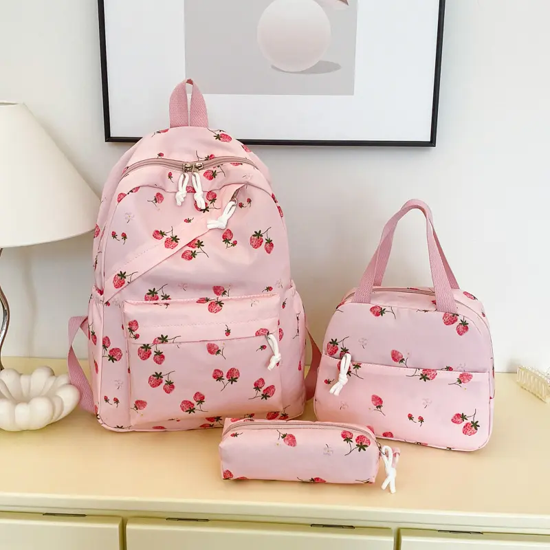 2026 New Model Three-Piece Backpack Set, Small School Bag, Nylon Printed Strawberry College Style School Bag