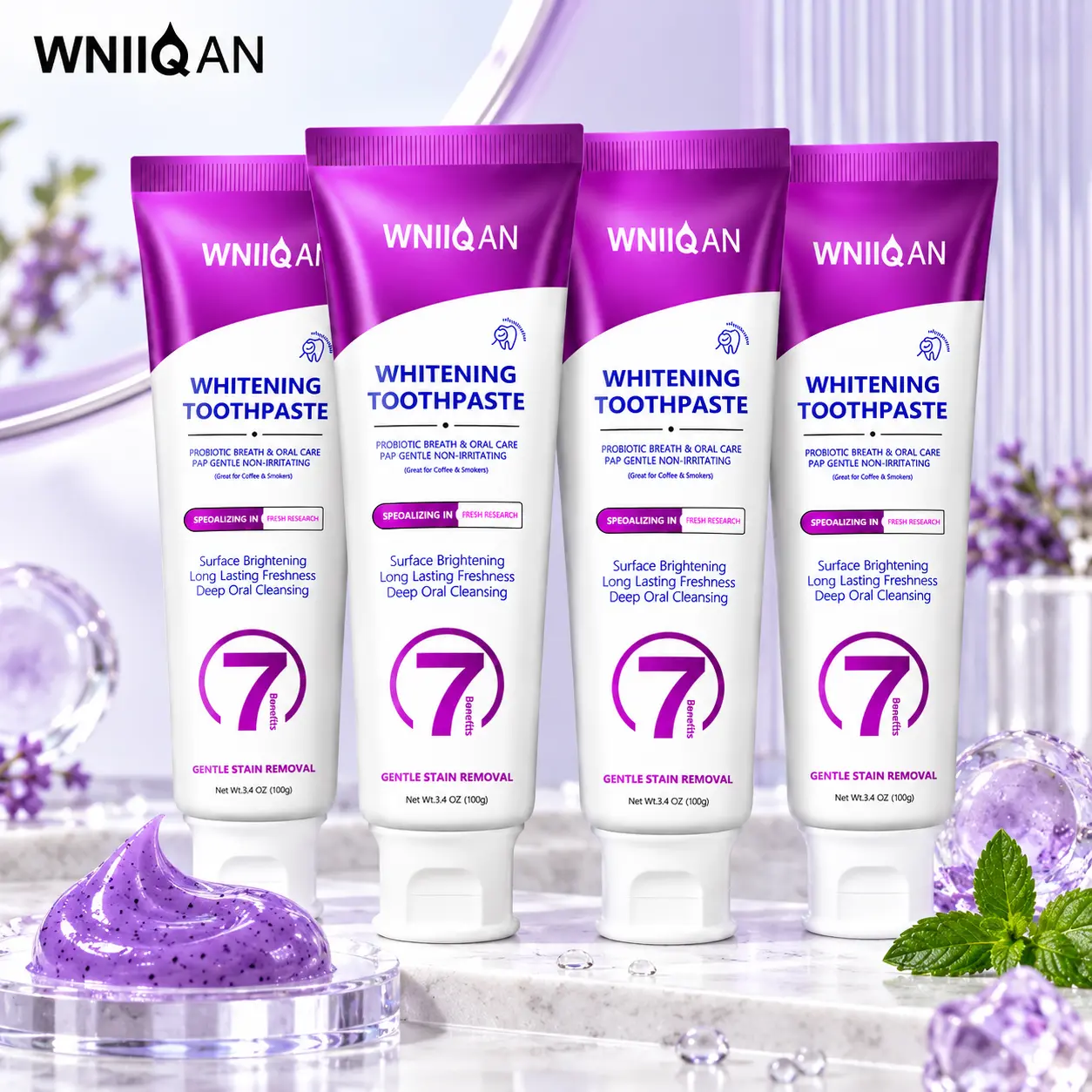 WNIIQAN Toothpaste 4 Pack, Purple Formula with Probiotic Oral Care, Gentle Formula for Everyday Use, 100g Each Daily Evening Storage