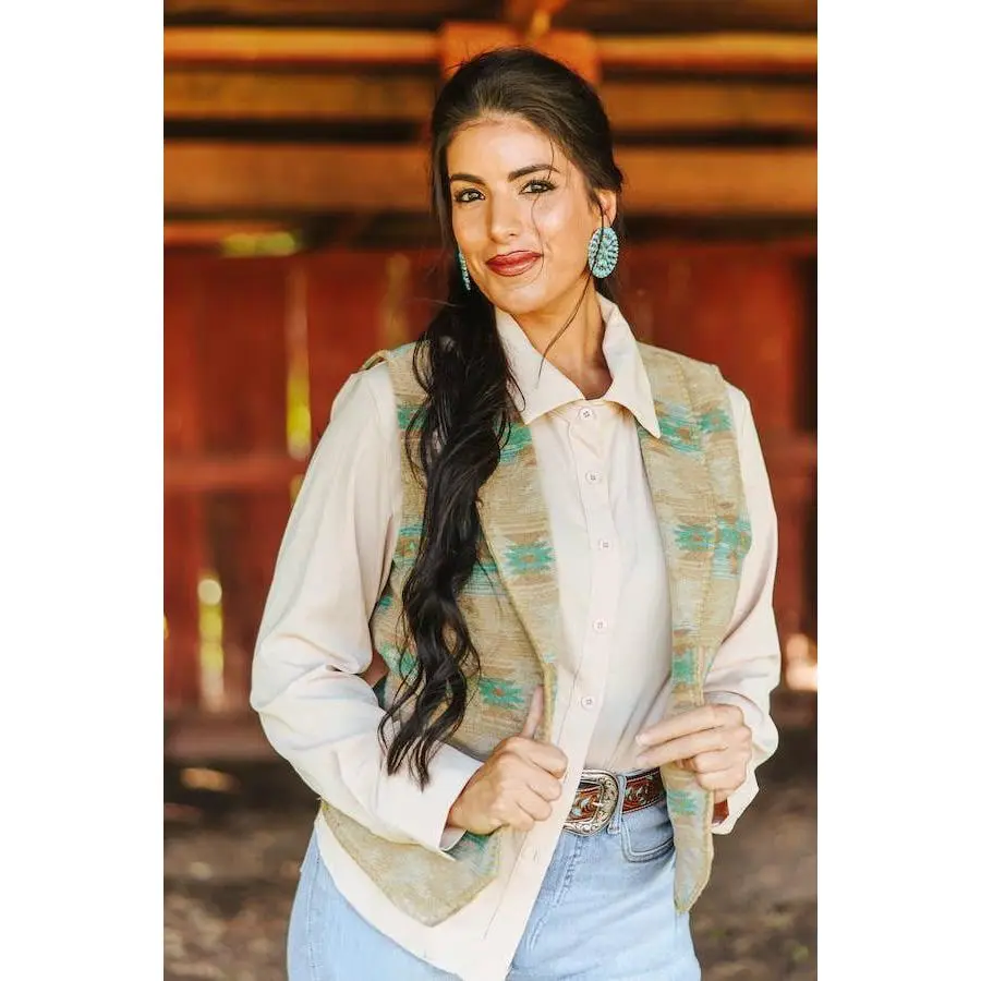 LUCKY & BLESSED "Jade Aztec" Wool-Blend Concho Button Western Vest — Sage Base with Jade & Turquoise Aztec Motifs
