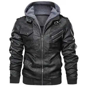 Men's Faux Leather Jacket Stand Up Collar Motorcycle Bomber Jacket with Hood