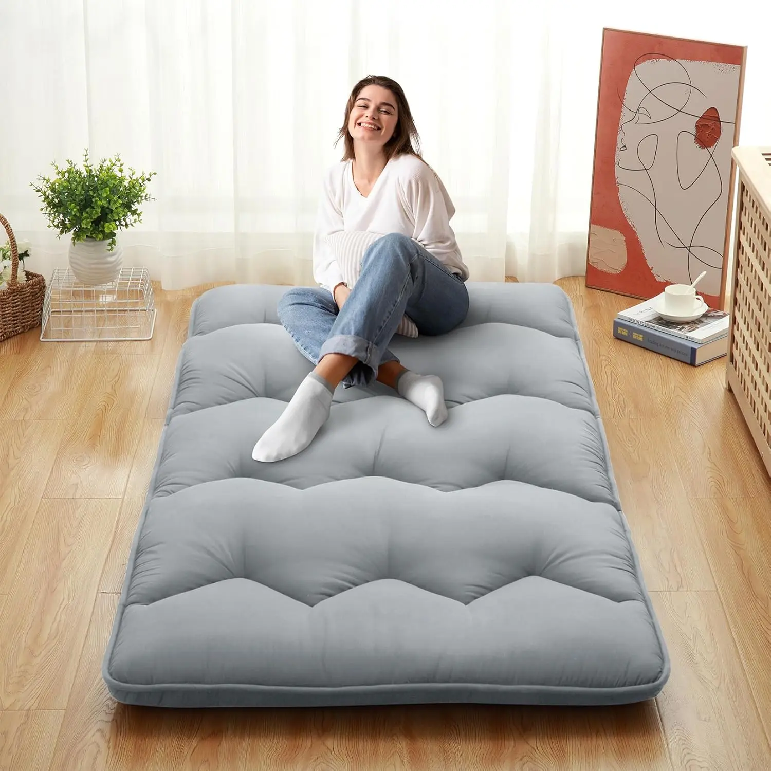 Japanese Futon Mattress Full Size, 3-Inch Thick Floor Sleeping Mattress with High-Density Foam, Foldable Roll-Up Tatami Mat, Portable Futon Floor Bed for Dorm, Guest Room & Travel