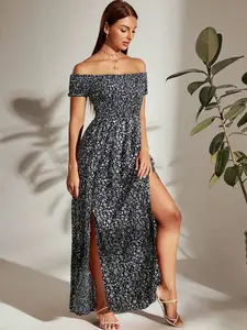 Burgundy Ditsy Floral Off Shoulder Maxi Dress with Slit - Beach Vacation Style