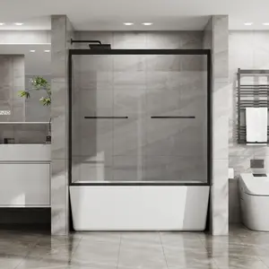 Goodyo Double Sliding Bathtub Shower Door 60 in. W x 58 in. H Aluminum Framed Shower Enclosure for Tub with SGCC Clear Tempered Glass, Stainless Steel Hardware, Matte Black    RR