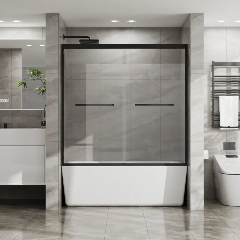 Goodyo Double Sliding Bathtub Shower Door 60 in. W x 58 in. H Aluminum Framed Shower Enclosure for Tub with SGCC Clear Tempered Glass, Stainless Steel Hardware, Matte Black    RR