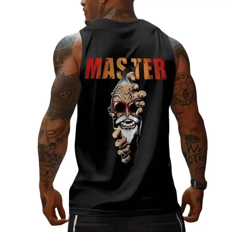 Oversized Anime Master Roshi Print Gym Tank Top , Sunset Warrior Graphic Tank Top for Men – Retro Anime Inspired Sleeveless Muscle Tee