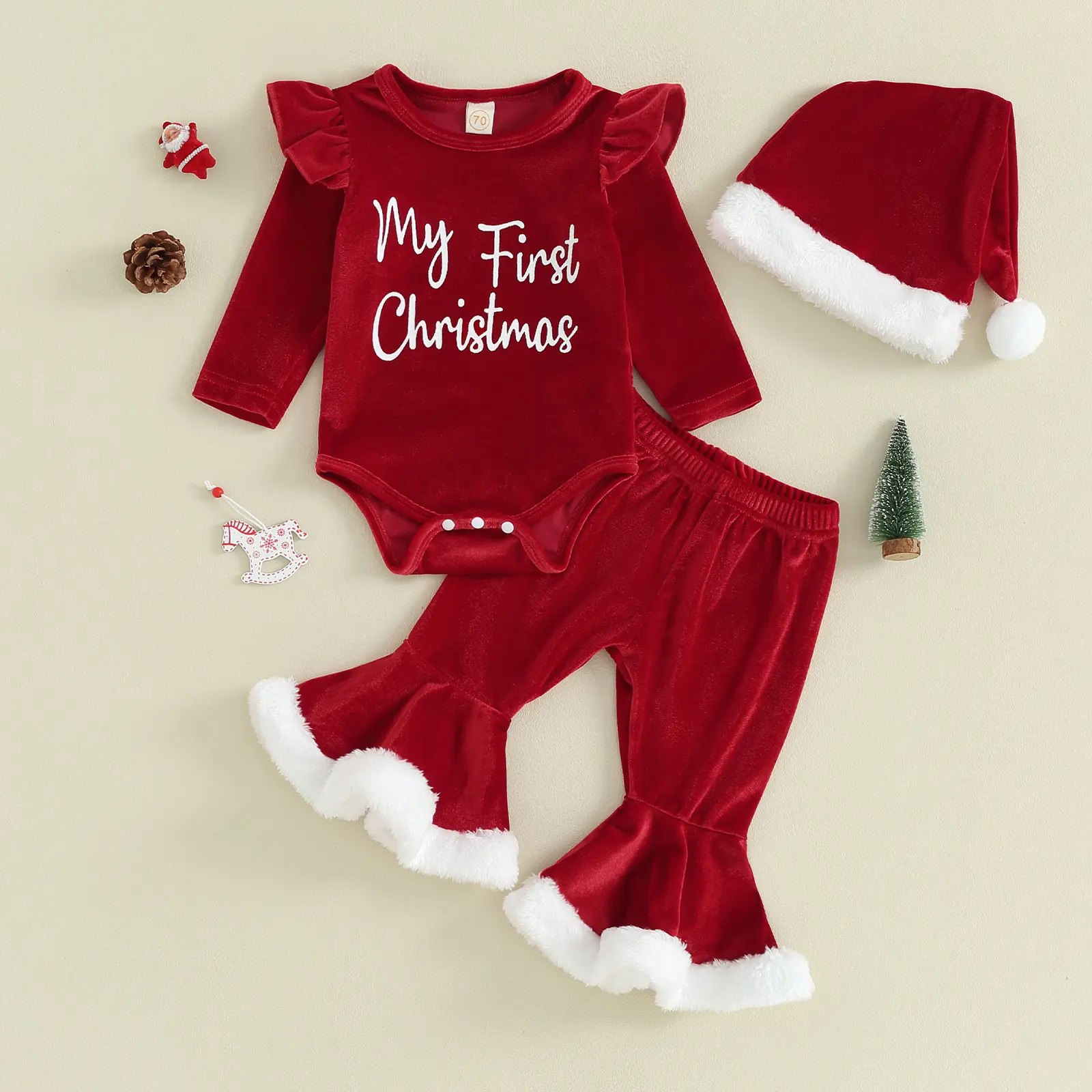 Infant Baby Girl Christmas Jumpsuit Outfits Letter Print Long Sleeve Romper + Flare Pants + Hat Fall Winter Clothes 0-18 Months