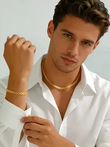 2pcs Set 18K Gold Plated Stainless Steel Watchband Style Statement Jewelry Set for Men - Waterproof Non Tarnish Matching Necklace and Bracelet